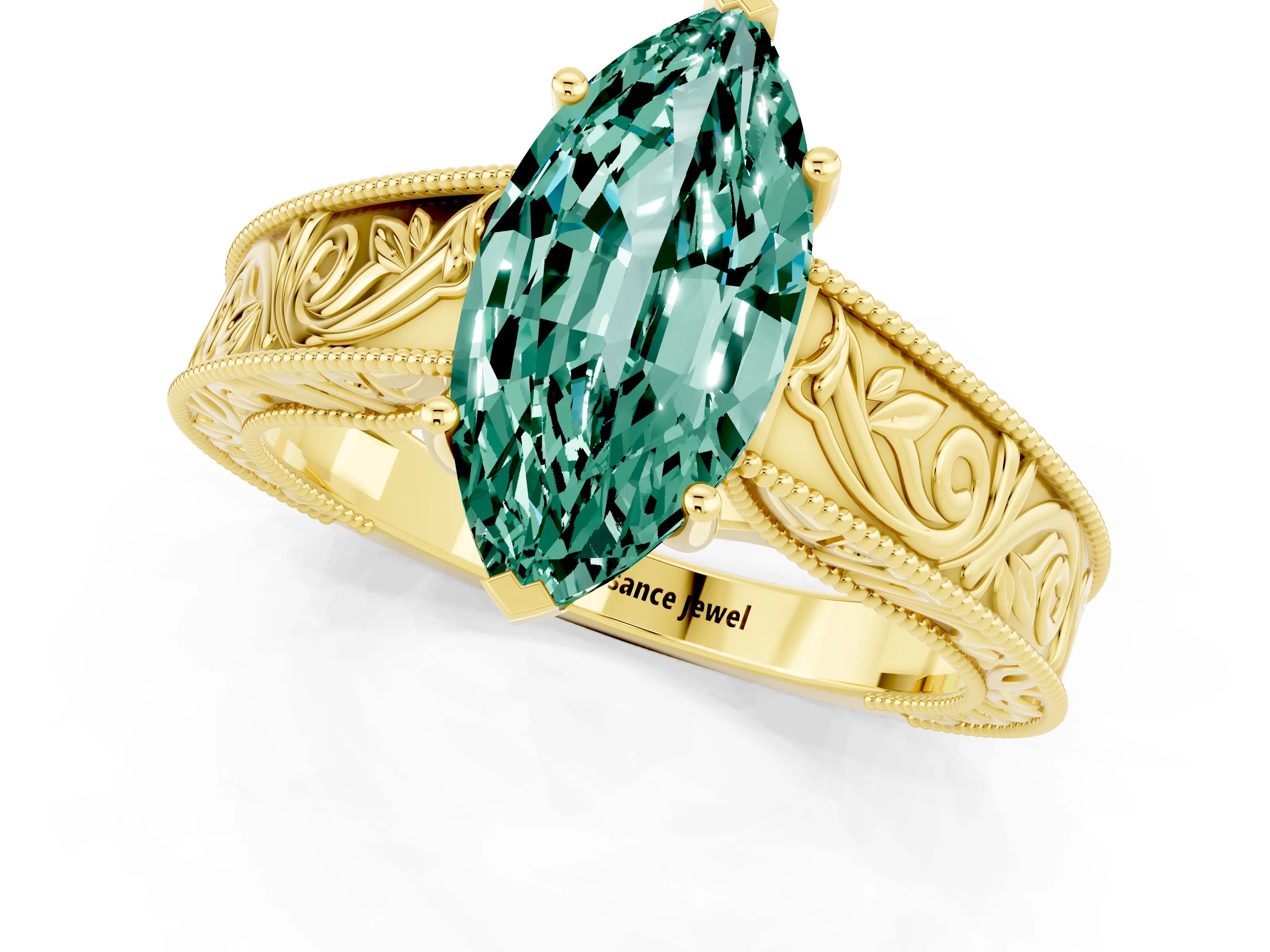 Yellow gold Marquise Cut Green Sapphire Solitaire Ring with Engraved Band and Four-Prong Setting_1