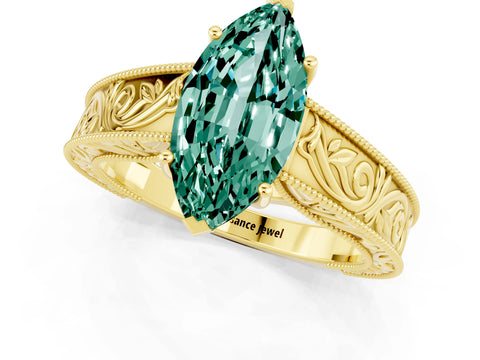 Yellow gold Marquise Cut Green Sapphire Solitaire Ring with Engraved Band and Four-Prong Setting_1
