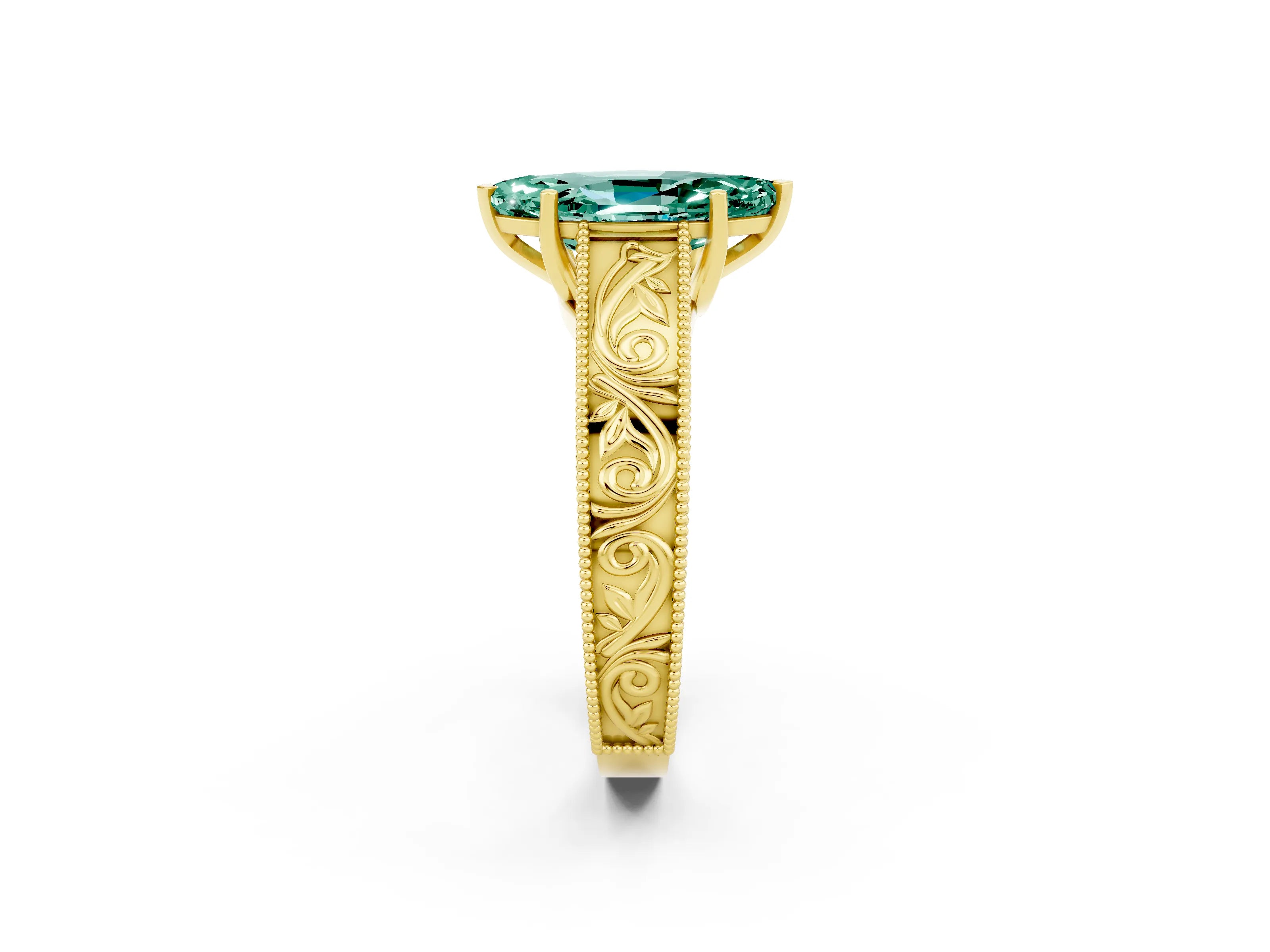 Yellow gold Marquise Cut Green Sapphire Solitaire Ring with Engraved Band and Four-Prong Setting_2