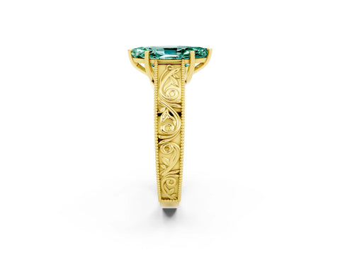 Yellow gold Marquise Cut Green Sapphire Solitaire Ring with Engraved Band and Four-Prong Setting_2