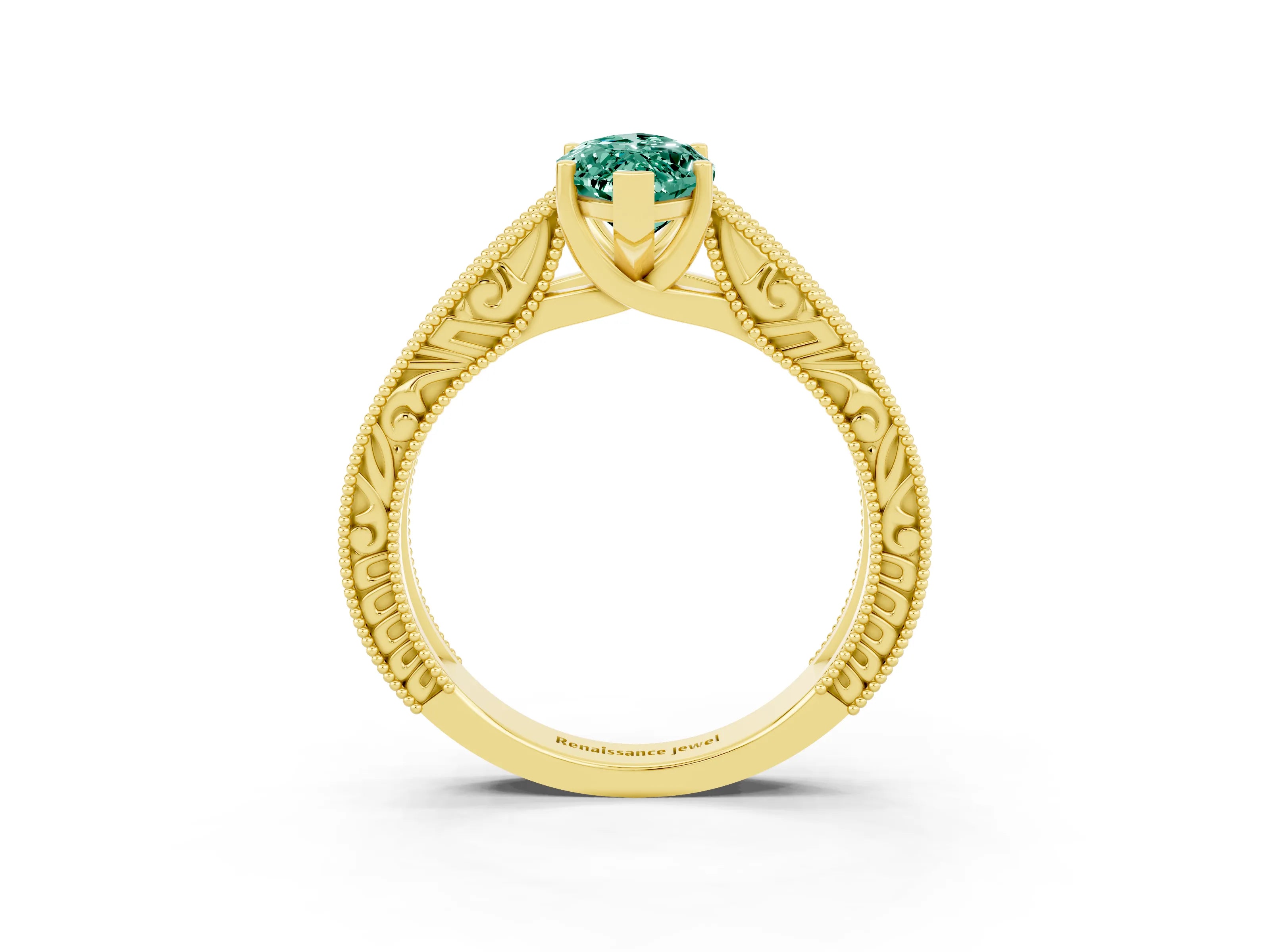 Yellow gold Marquise Cut Green Sapphire Solitaire Ring with Engraved Band and Four-Prong Setting_3