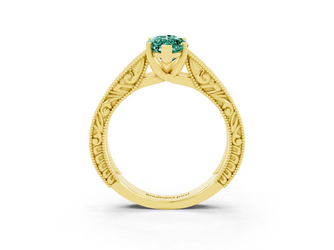 Yellow gold Marquise Cut Green Sapphire Solitaire Ring with Engraved Band and Four-Prong Setting_3