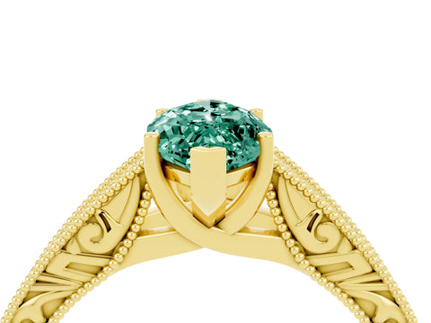 Yellow gold Marquise Cut Green Sapphire Solitaire Ring with Engraved Band and Four-Prong Setting_4