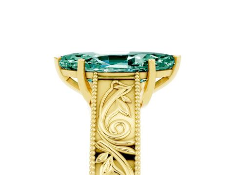 Yellow gold Marquise Cut Green Sapphire Solitaire Ring with Engraved Band and Four-Prong Setting_5