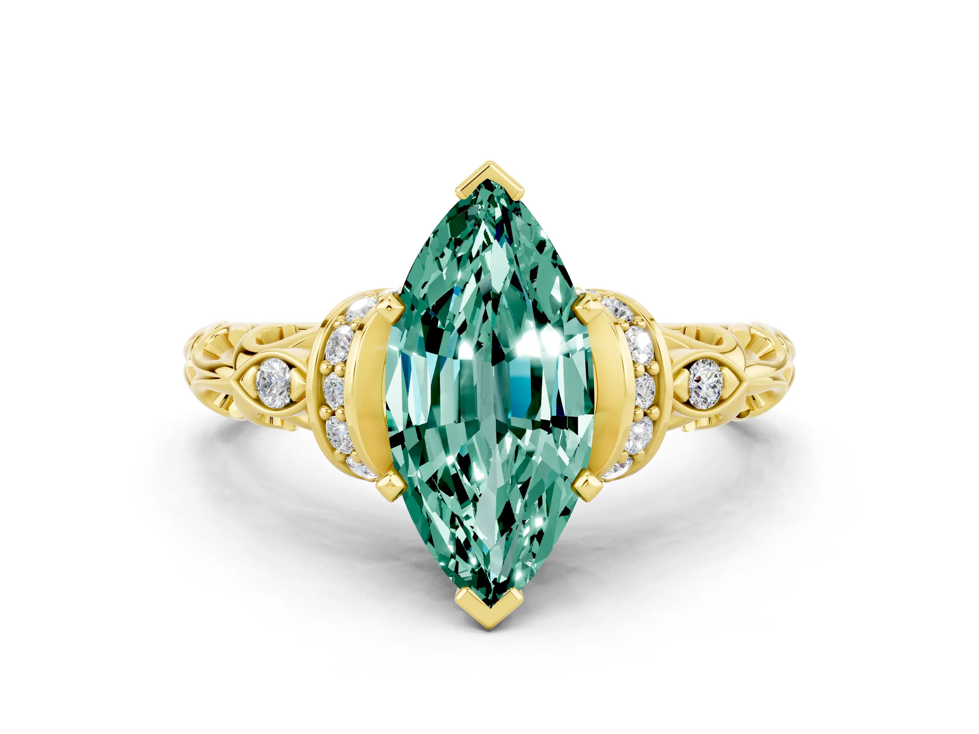 Yellow gold Marquise Cut Green Sapphire Solitaire Ring with Filigree Band and Four-Prong Setting_24
