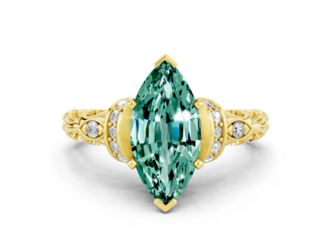 Yellow gold Marquise Cut Green Sapphire Solitaire Ring with Filigree Band and Four-Prong Setting_24