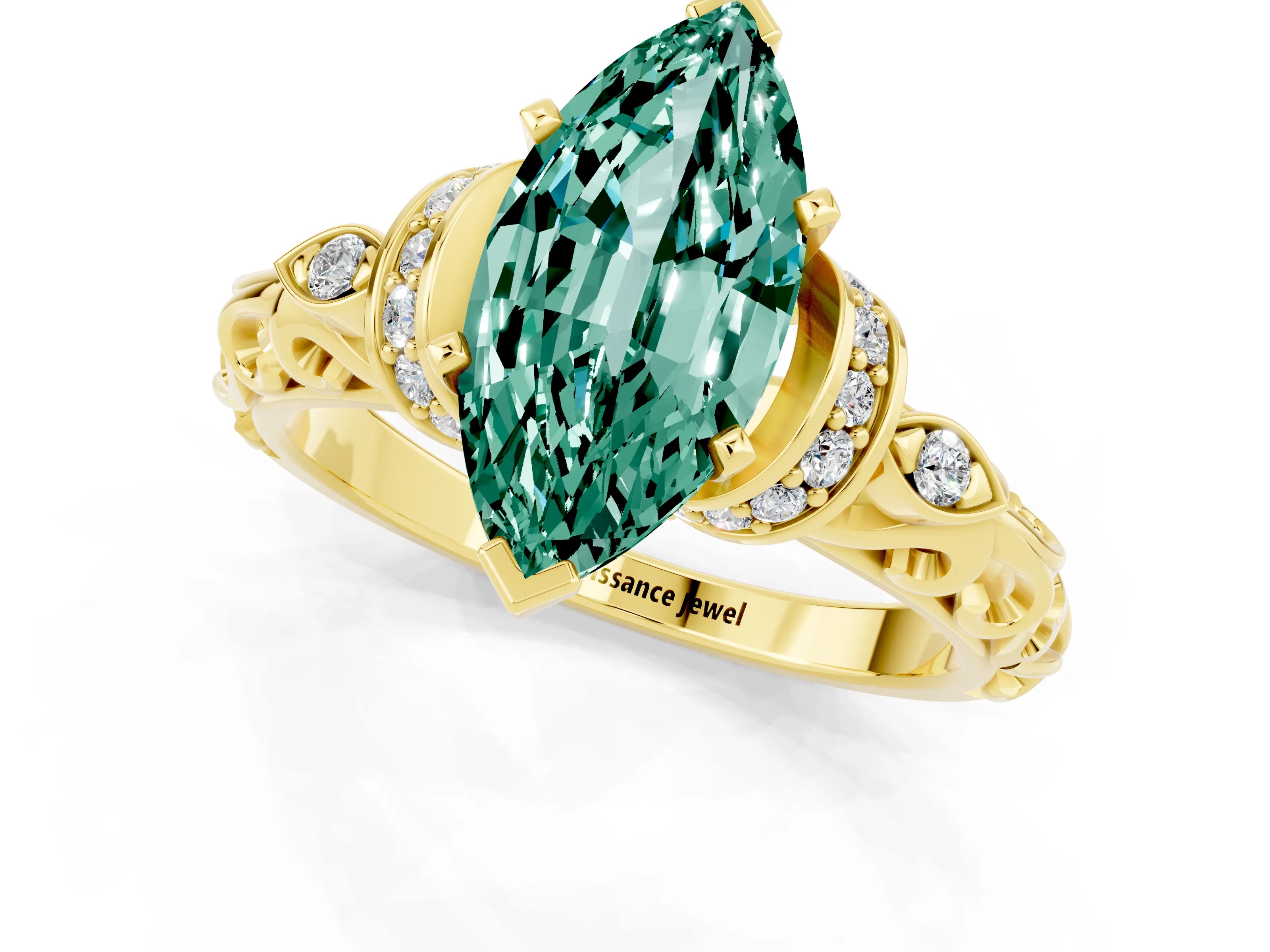 Yellow gold Marquise Cut Green Sapphire Solitaire Ring with Filigree Band and Four-Prong Setting_25