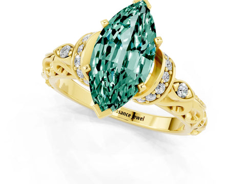 Yellow gold Marquise Cut Green Sapphire Solitaire Ring with Filigree Band and Four-Prong Setting_25