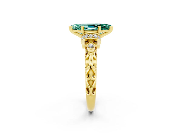 Yellow gold Marquise Cut Green Sapphire Solitaire Ring with Filigree Band and Four-Prong Setting