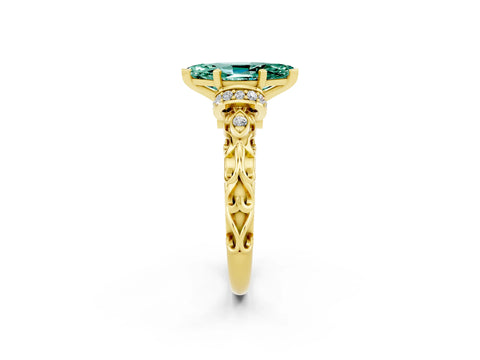 Yellow gold Marquise Cut Green Sapphire Solitaire Ring with Filigree Band and Four-Prong Setting_26