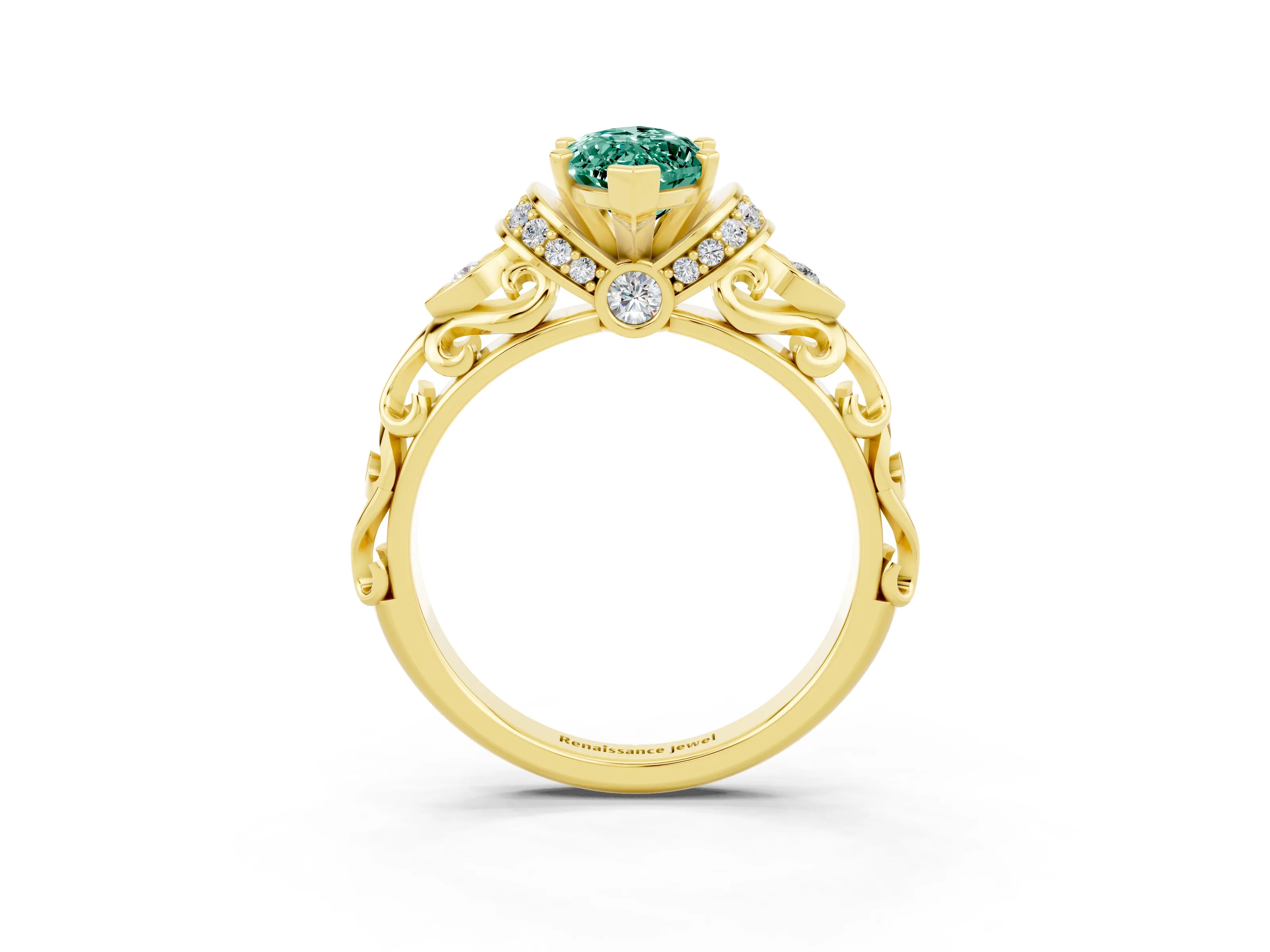 Yellow gold Marquise Cut Green Sapphire Solitaire Ring with Filigree Band and Four-Prong Setting_27