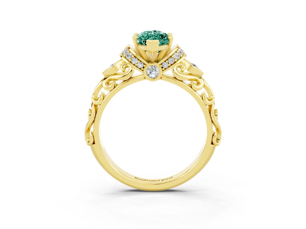 Yellow gold Marquise Cut Green Sapphire Solitaire Ring with Filigree Band and Four-Prong Setting