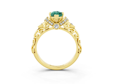 Yellow gold Marquise Cut Green Sapphire Solitaire Ring with Filigree Band and Four-Prong Setting_27