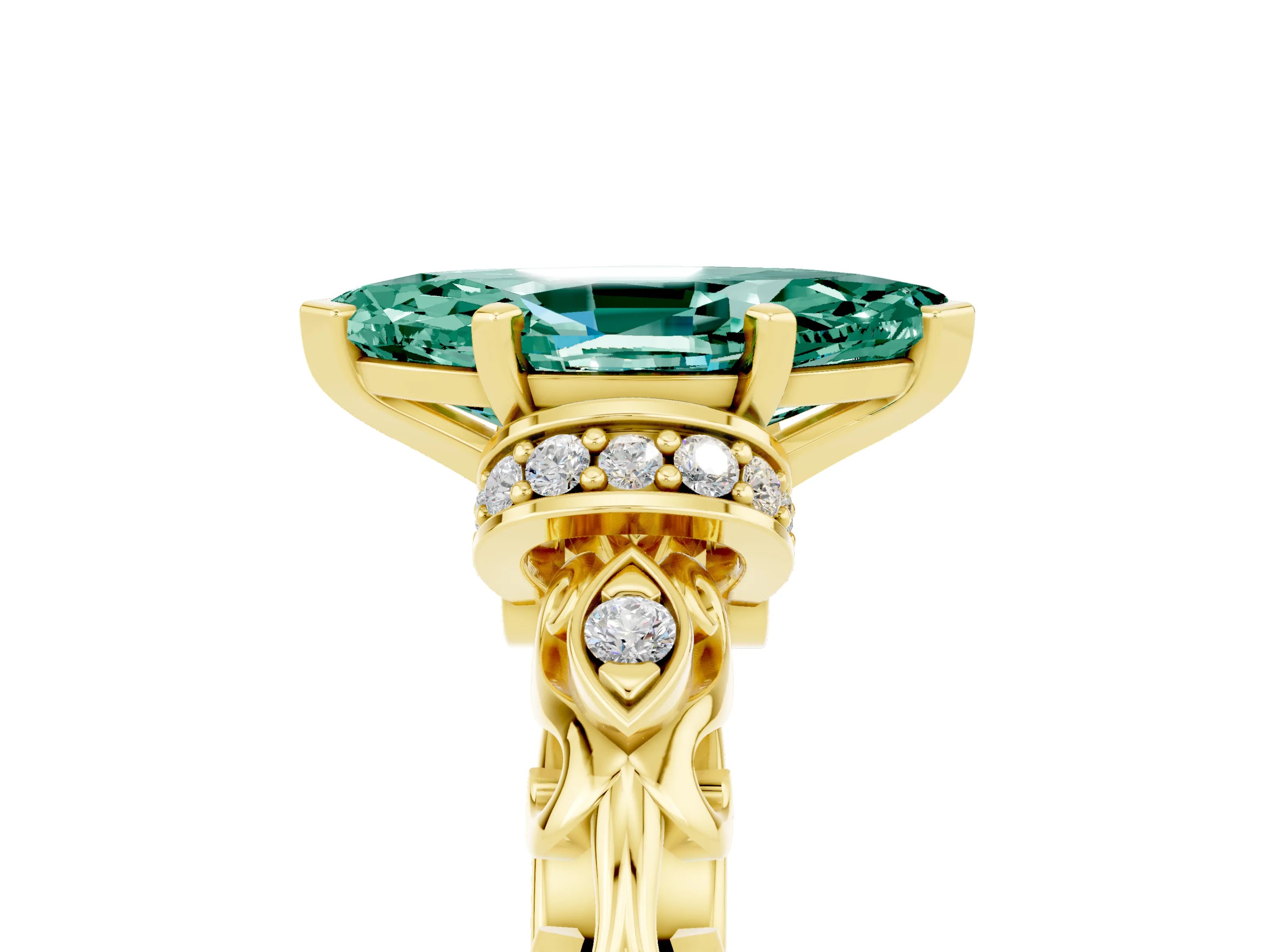 Yellow gold Marquise Cut Green Sapphire Solitaire Ring with Filigree Band and Four-Prong Setting_29