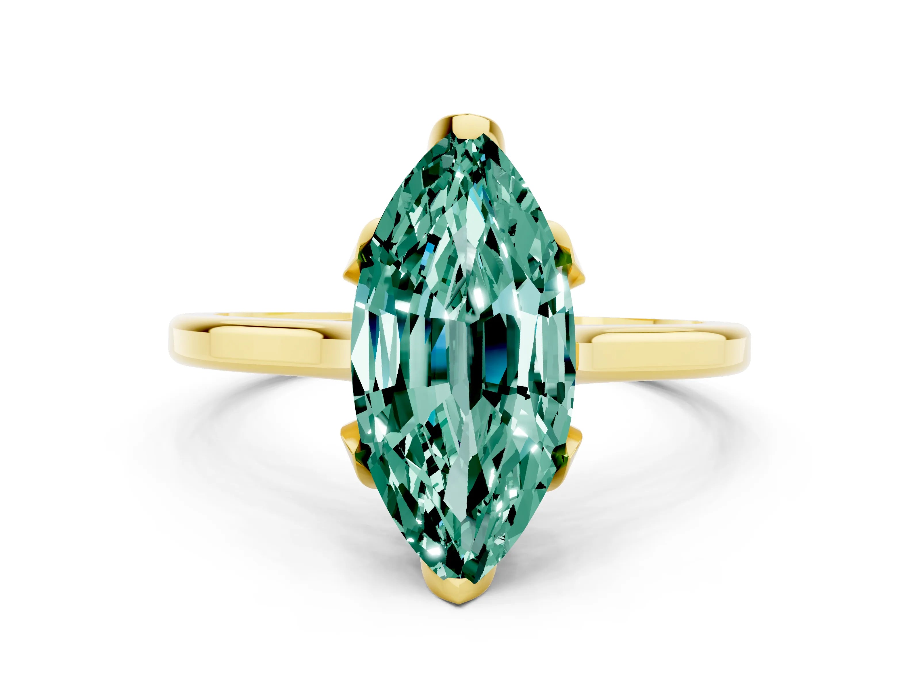 Yellow gold Marquise Cut Green Sapphire Solitaire Ring with Flower Prong Setting and Classic Band_12
