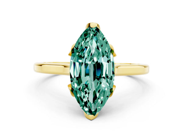 Yellow gold Marquise Cut Green Sapphire Solitaire Ring with Flower Prong Setting and Classic Band