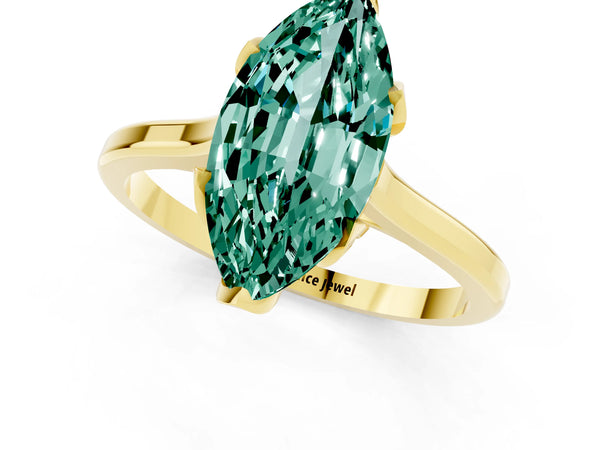 Yellow gold Marquise Cut Green Sapphire Solitaire Ring with Flower Prong Setting and Classic Band