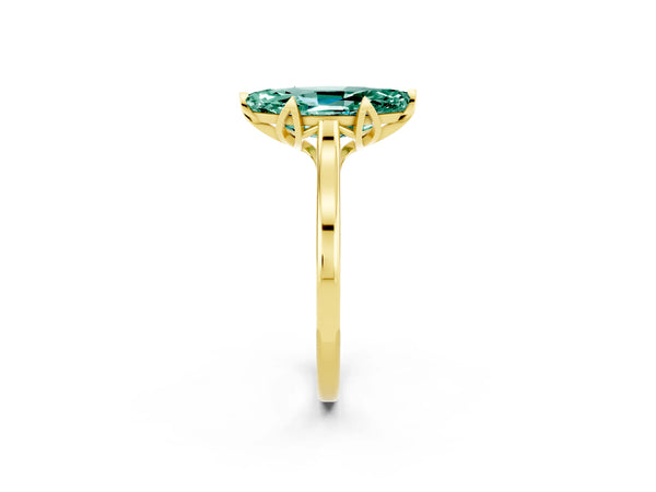 Yellow gold Marquise Cut Green Sapphire Solitaire Ring with Flower Prong Setting and Classic Band