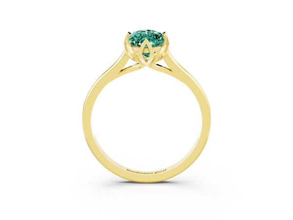 Yellow gold Marquise Cut Green Sapphire Solitaire Ring with Flower Prong Setting and Classic Band