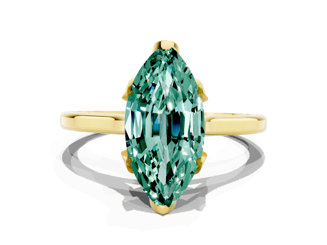 Yellow gold Marquise Cut Green Sapphire Solitaire Ring with Flower Prong Setting and Classic Band_36