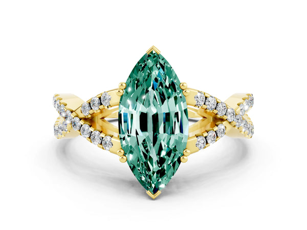 Yellow gold Marquise Cut Green Sapphire Solitaire Ring with Four-Prong Setting and Twisted Pavé Band