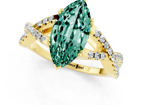 Yellow gold Marquise Cut Green Sapphire Solitaire Ring with Four-Prong Setting and Twisted Pavé Band