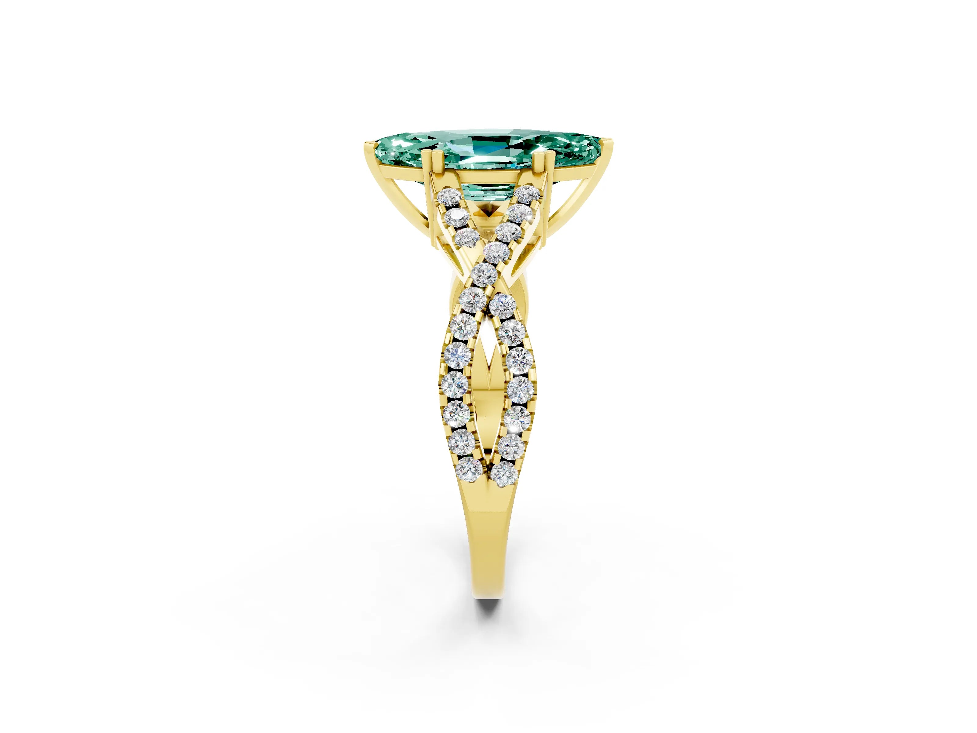 Yellow gold Marquise Cut Green Sapphire Solitaire Ring with Four-Prong Setting and Twisted Pavé Band_2