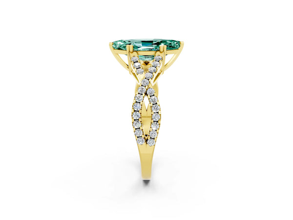 Yellow gold Marquise Cut Green Sapphire Solitaire Ring with Four-Prong Setting and Twisted Pavé Band