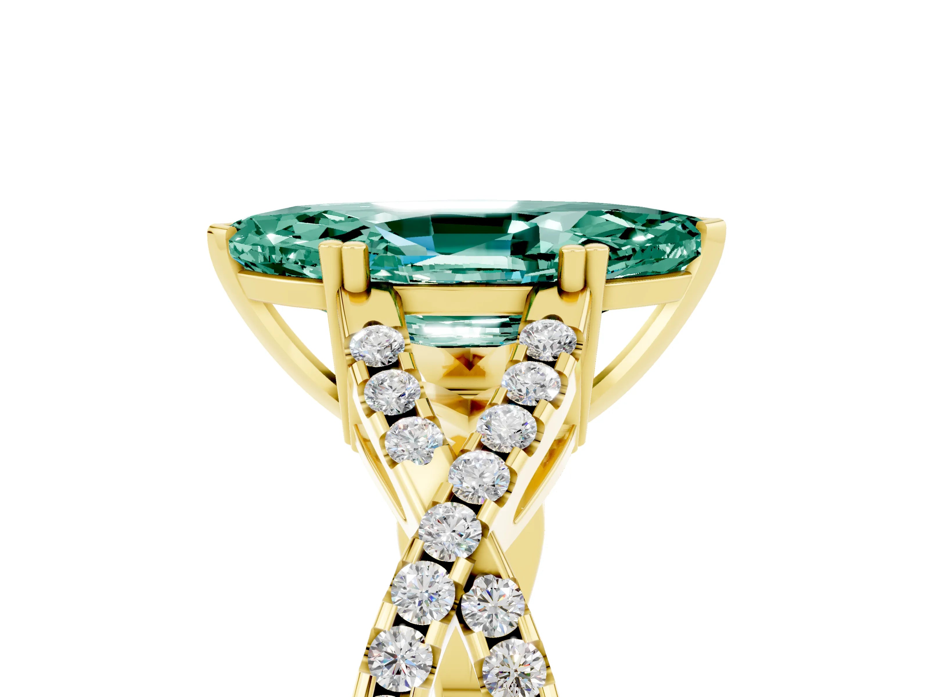 Yellow gold Marquise Cut Green Sapphire Solitaire Ring with Four-Prong Setting and Twisted Pavé Band_5
