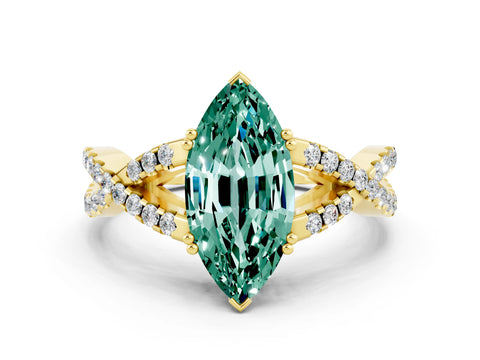 Yellow gold Marquise Cut Green Sapphire Solitaire Ring with Four-Prong Setting and Twisted Pavé Band