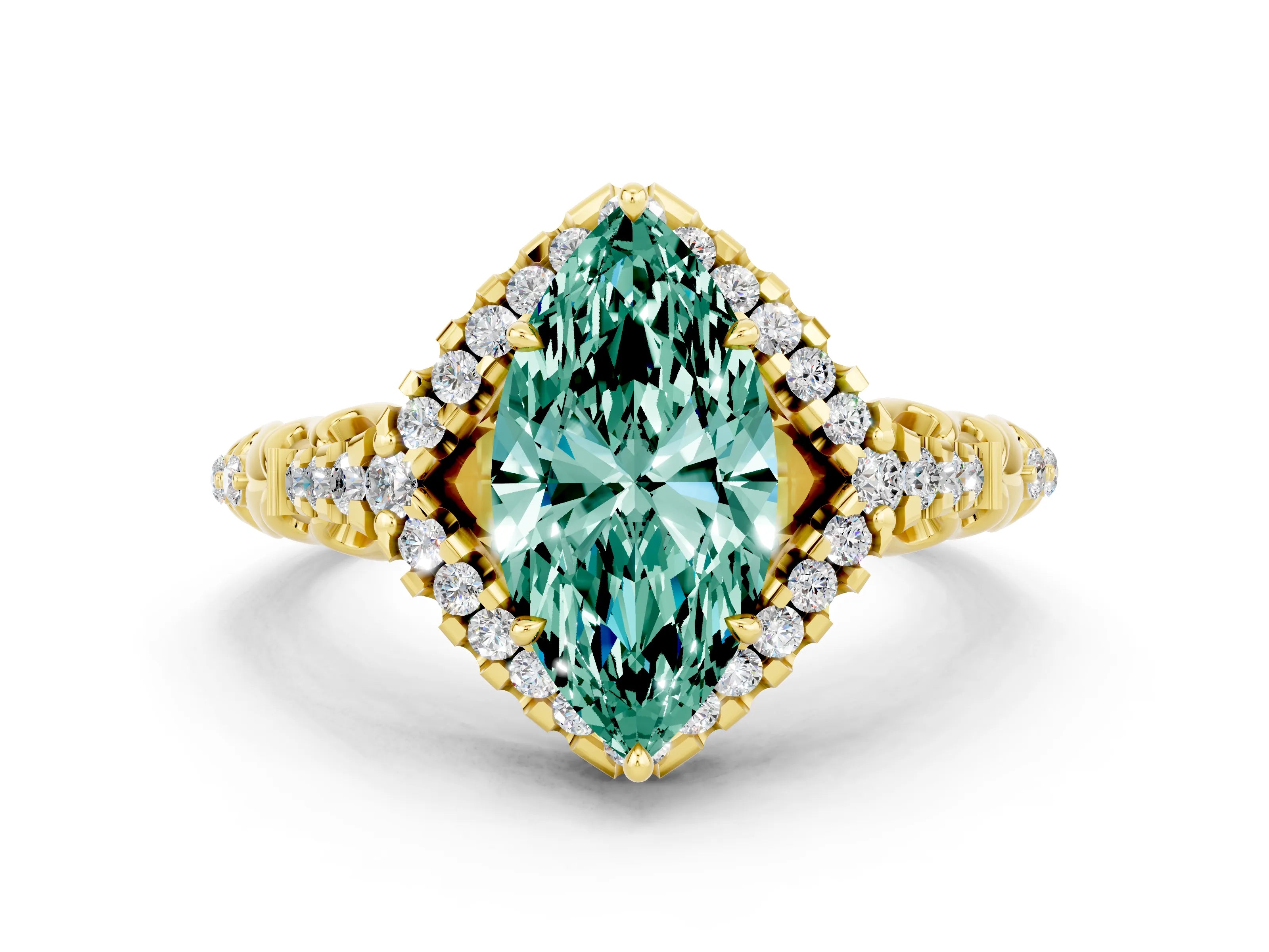 Yellow gold Marquise Cut Green Sapphire Solitaire Ring with Hidden Halo and Pavé Band_12