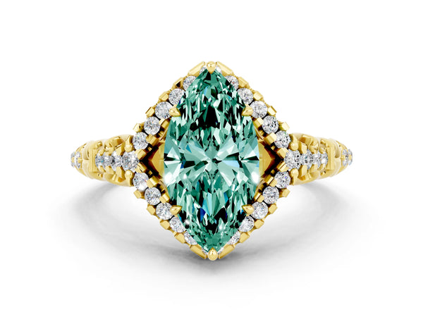 Yellow gold Marquise Cut Green Sapphire Solitaire Ring with Hidden Halo and Pavé Band