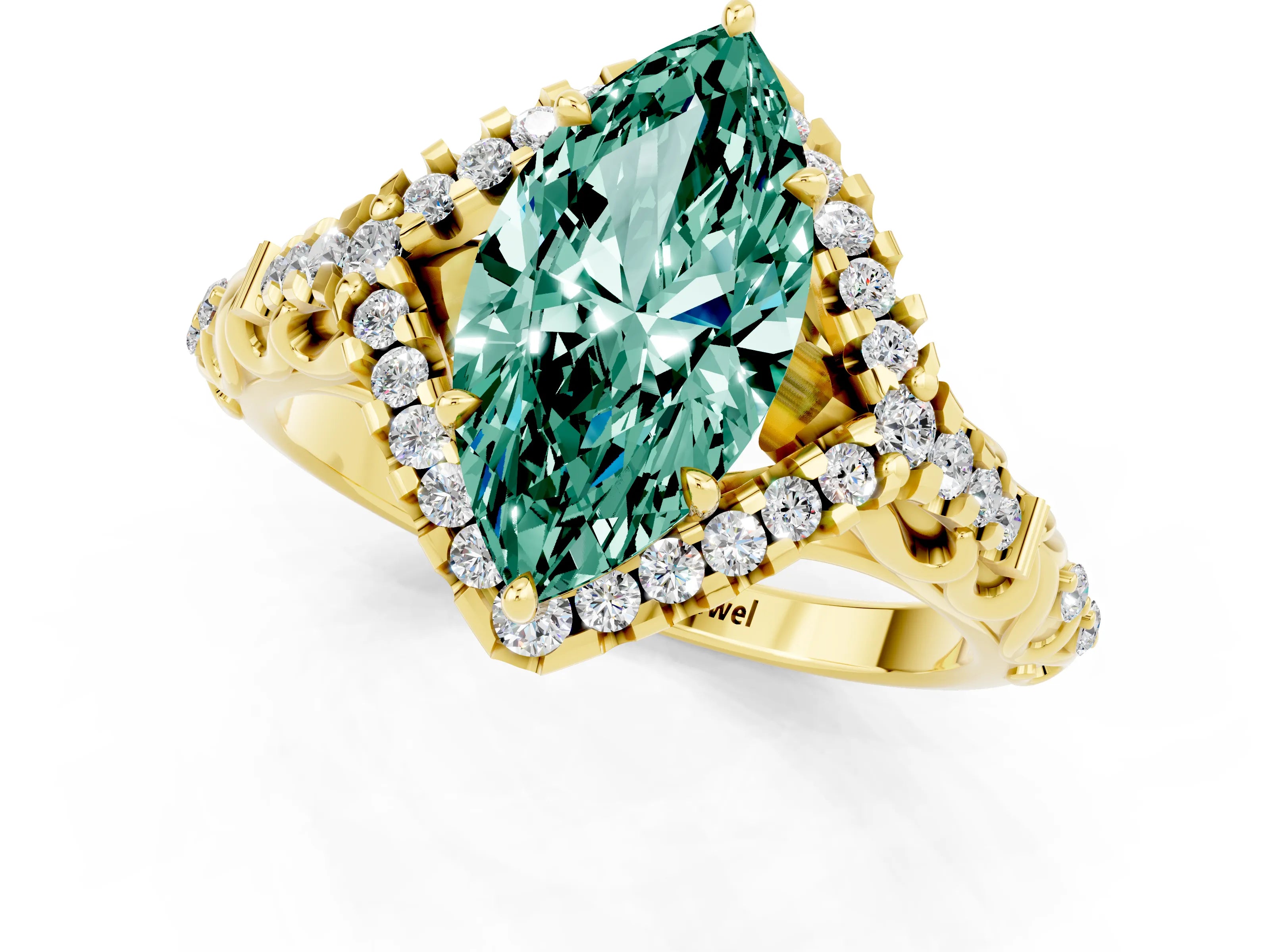 Yellow gold Marquise Cut Green Sapphire Solitaire Ring with Hidden Halo and Pavé Band_13