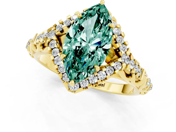 Yellow gold Marquise Cut Green Sapphire Solitaire Ring with Hidden Halo and Pavé Band