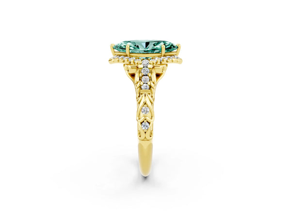 Yellow gold Marquise Cut Green Sapphire Solitaire Ring with Hidden Halo and Pavé Band