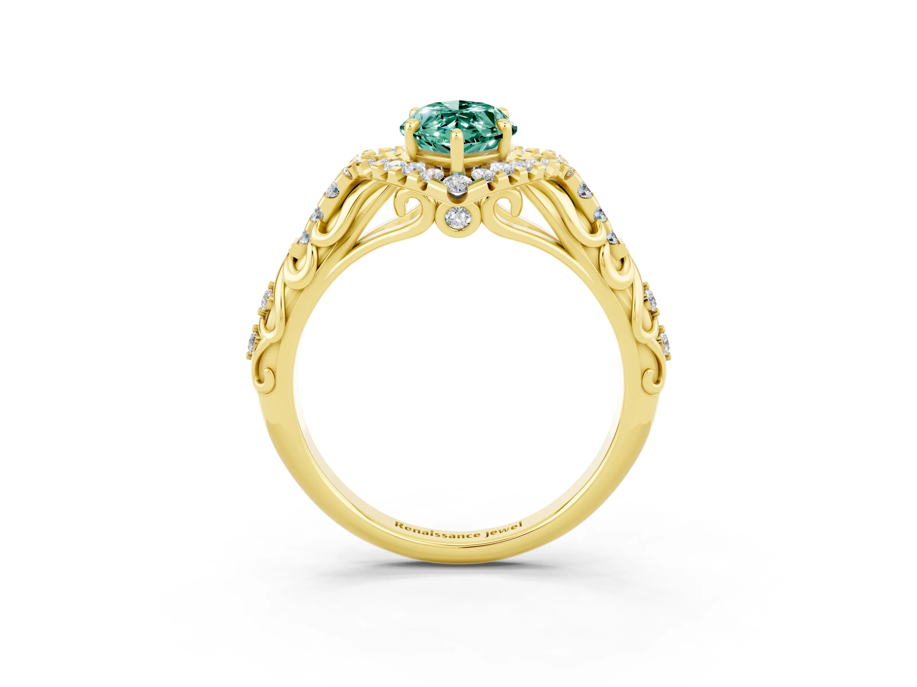 Yellow gold Marquise Cut Green Sapphire Solitaire Ring with Hidden Halo and Pavé Band_15
