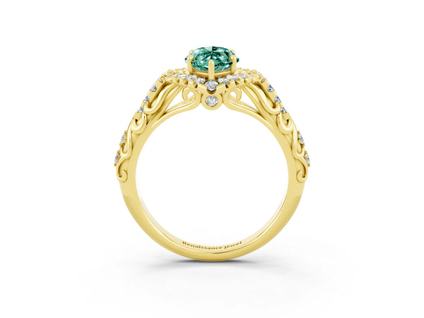 Yellow gold Marquise Cut Green Sapphire Solitaire Ring with Hidden Halo and Pavé Band