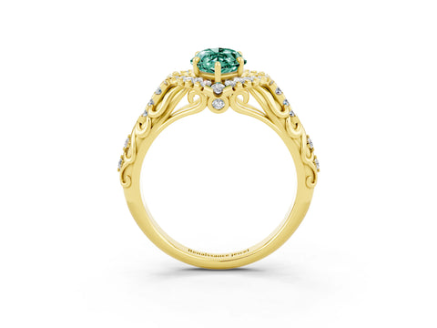 Yellow gold Marquise Cut Green Sapphire Solitaire Ring with Hidden Halo and Pavé Band_15