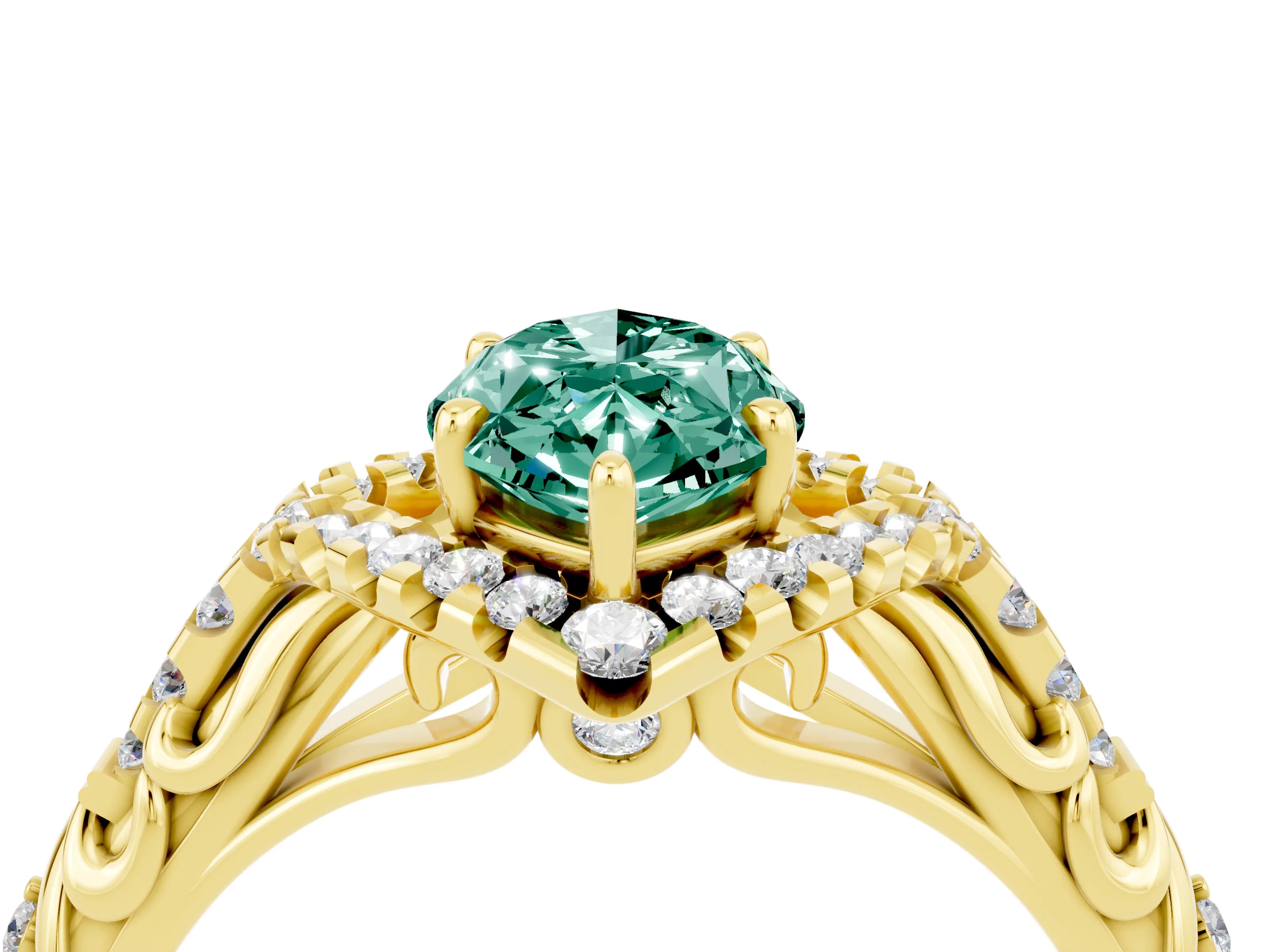 Yellow gold Marquise Cut Green Sapphire Solitaire Ring with Hidden Halo and Pavé Band_16