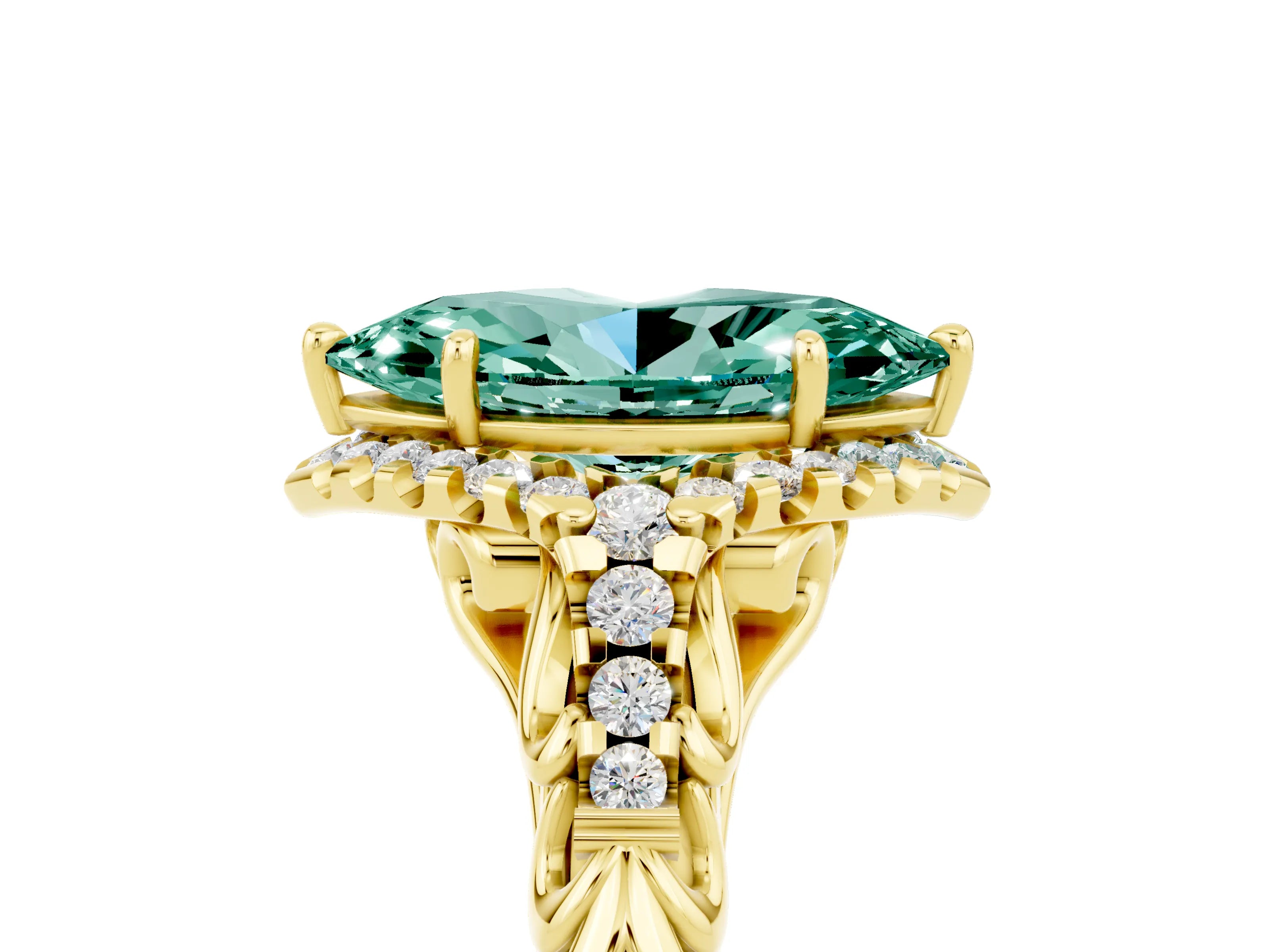 Yellow gold Marquise Cut Green Sapphire Solitaire Ring with Hidden Halo and Pavé Band_17