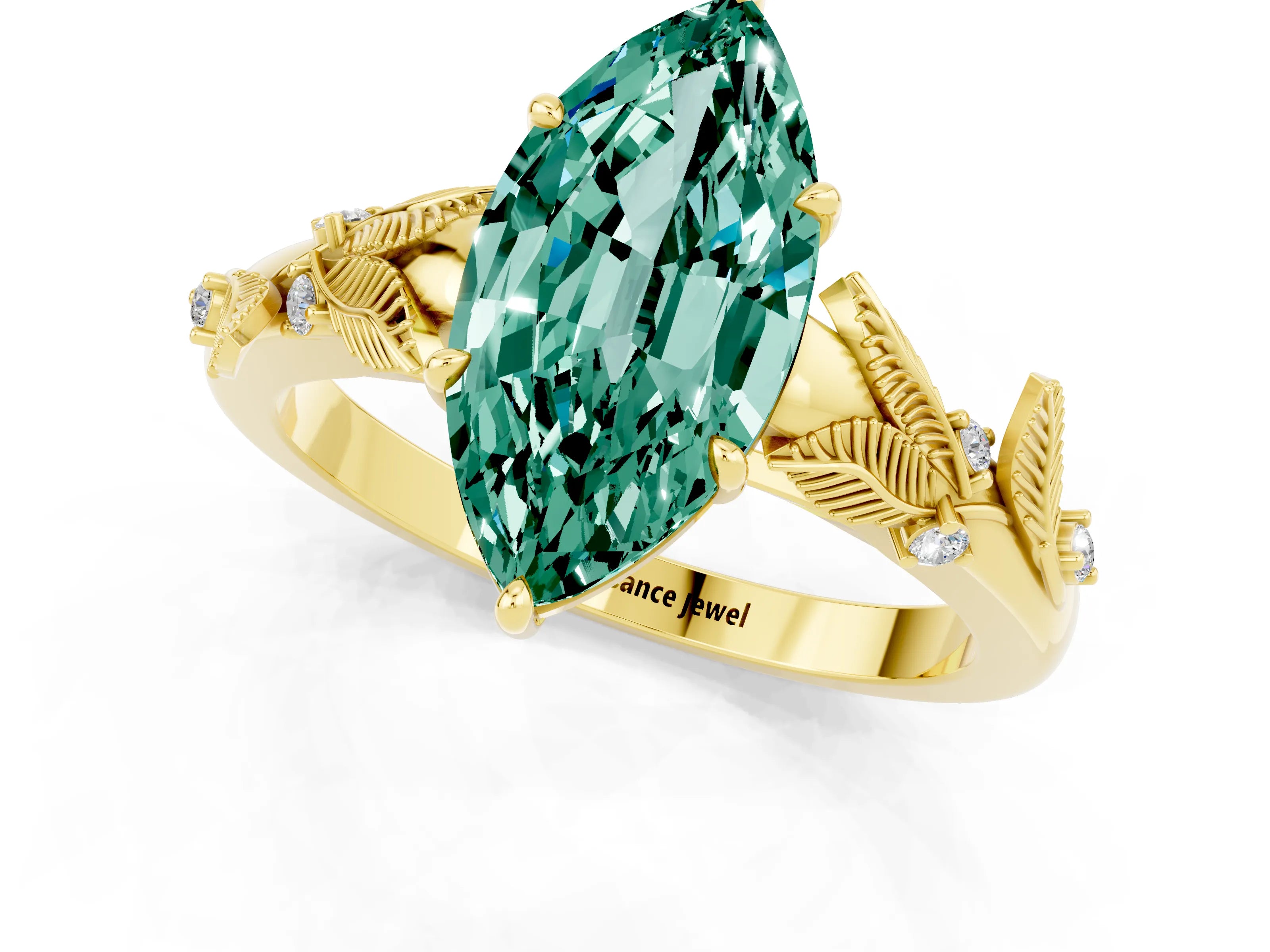 Yellow gold Marquise Cut Green Sapphire Solitaire Ring with Leaf Motif Band and Four-Prong Setting_1