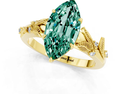 Yellow gold Marquise Cut Green Sapphire Solitaire Ring with Leaf Motif Band and Four-Prong Setting_1