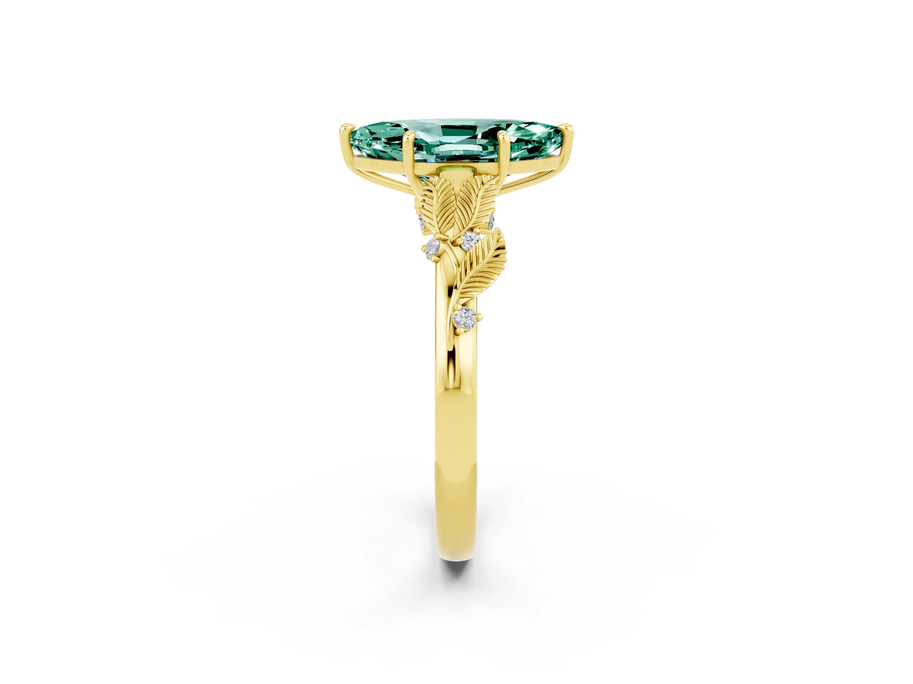 Yellow gold Marquise Cut Green Sapphire Solitaire Ring with Leaf Motif Band and Four-Prong Setting_2