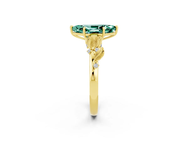Yellow gold Marquise Cut Green Sapphire Solitaire Ring with Leaf Motif Band and Four-Prong Setting