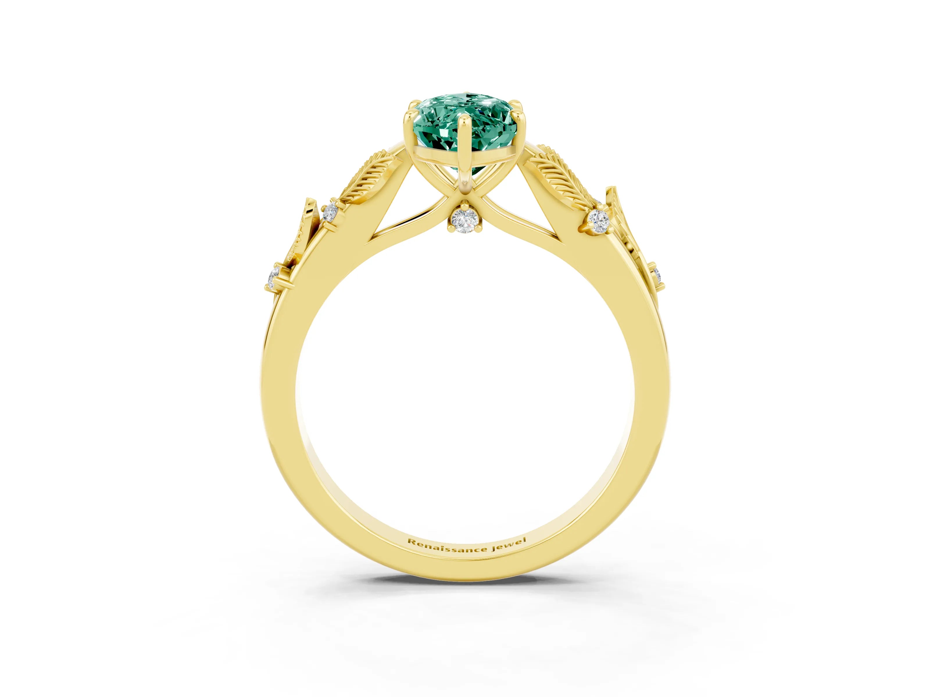 Yellow gold Marquise Cut Green Sapphire Solitaire Ring with Leaf Motif Band and Four-Prong Setting_3