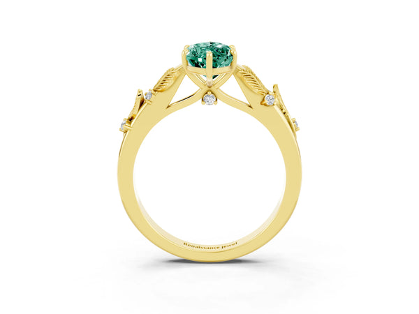 Yellow gold Marquise Cut Green Sapphire Solitaire Ring with Leaf Motif Band and Four-Prong Setting