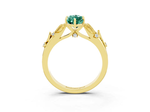 Yellow gold Marquise Cut Green Sapphire Solitaire Ring with Leaf Motif Band and Four-Prong Setting_3