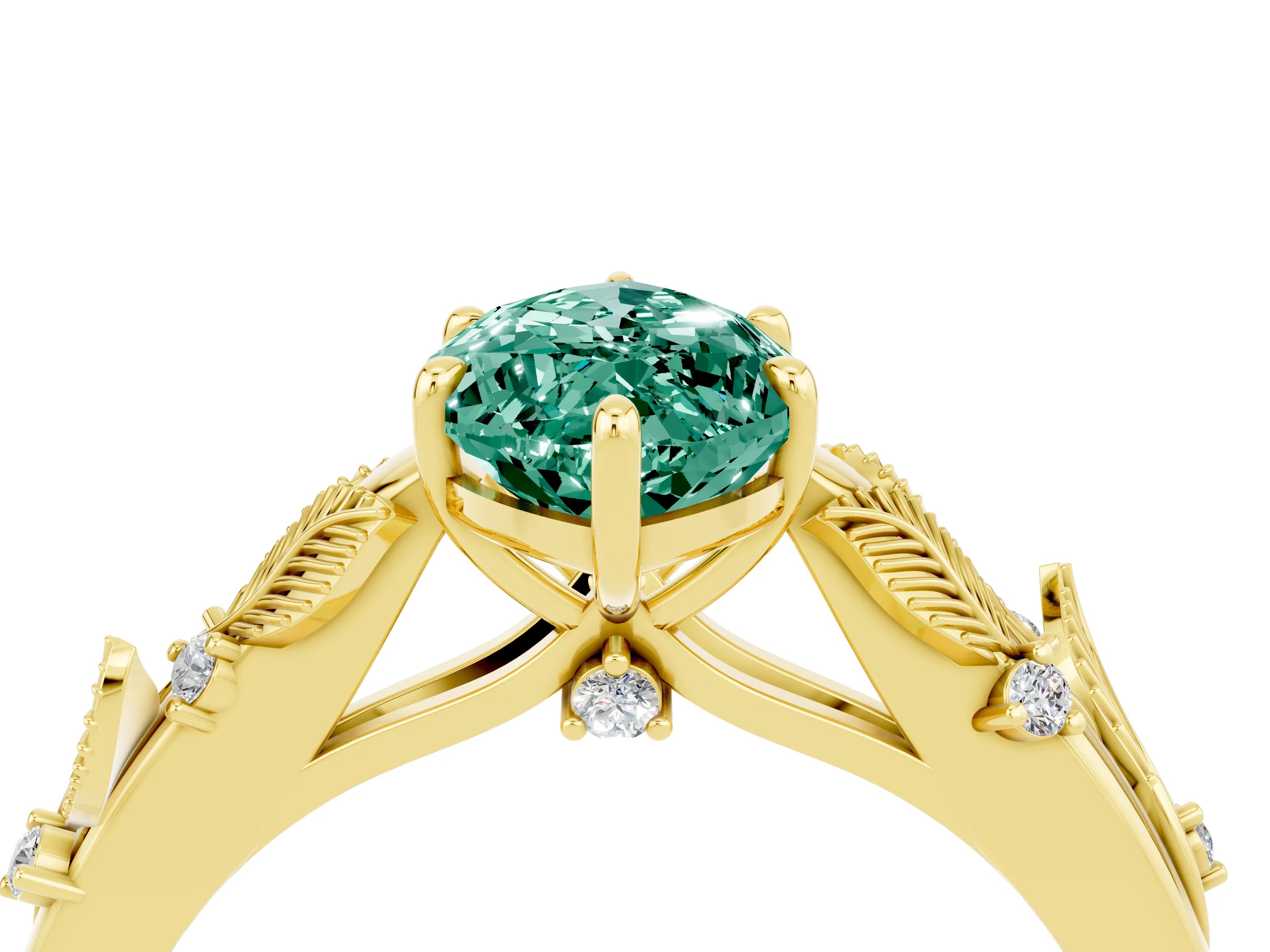 Yellow gold Marquise Cut Green Sapphire Solitaire Ring with Leaf Motif Band and Four-Prong Setting_4