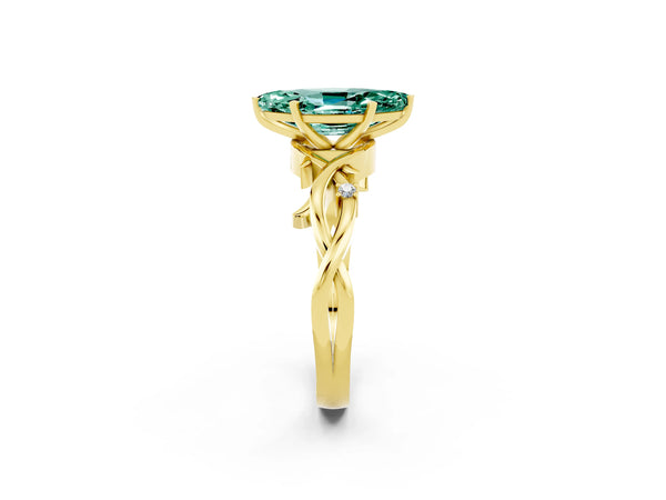 Yellow gold Marquise Cut Green Sapphire Solitaire Ring with Milgrain Pavé Band and Four-Prong Setting