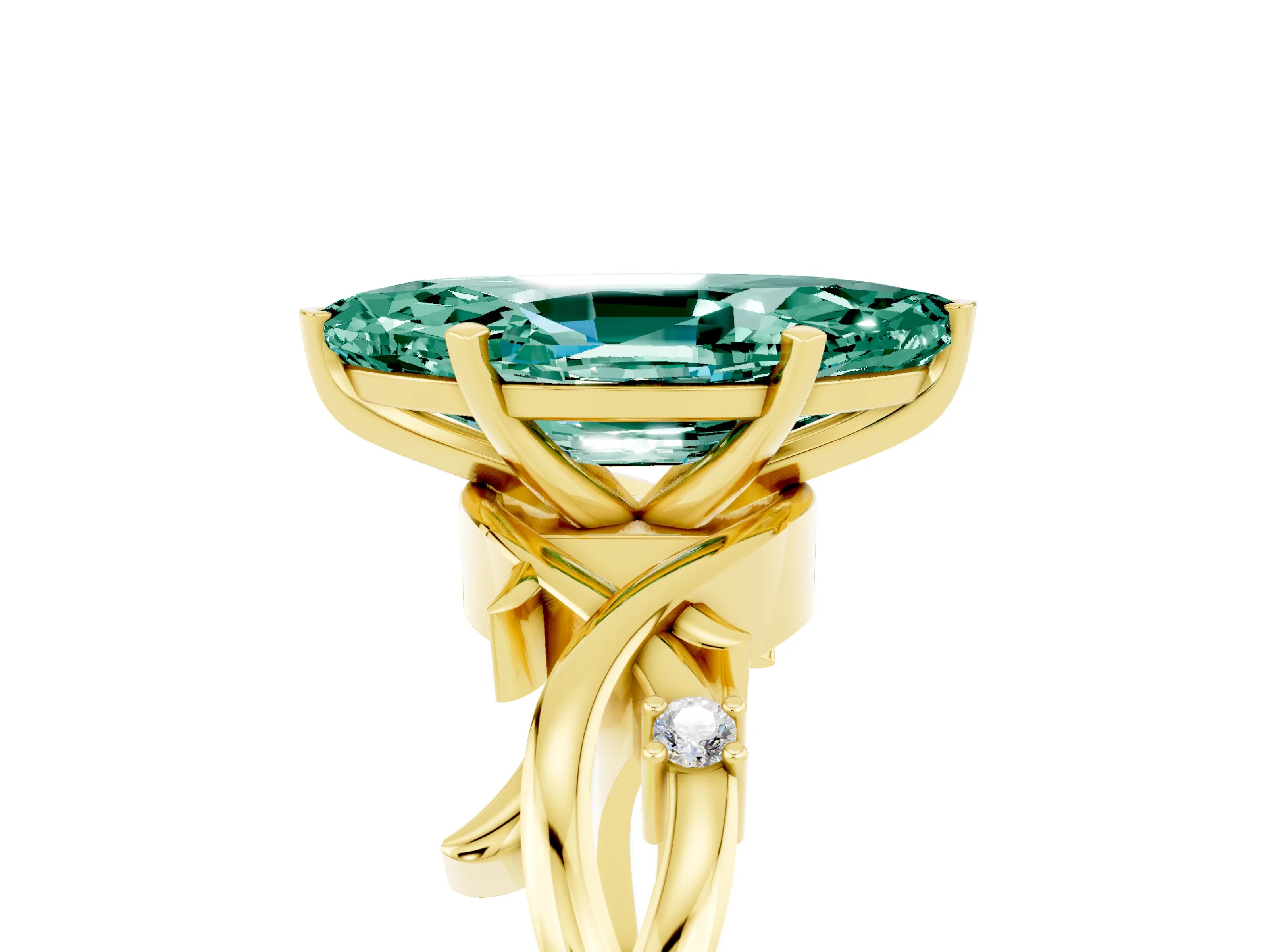 Yellow gold Marquise Cut Green Sapphire Solitaire Ring with Milgrain Pavé Band and Four-Prong Setting_17
